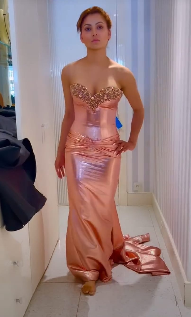 Urvashi Rautela Looking Gorgeous in Pink Golden sleeveless gown.